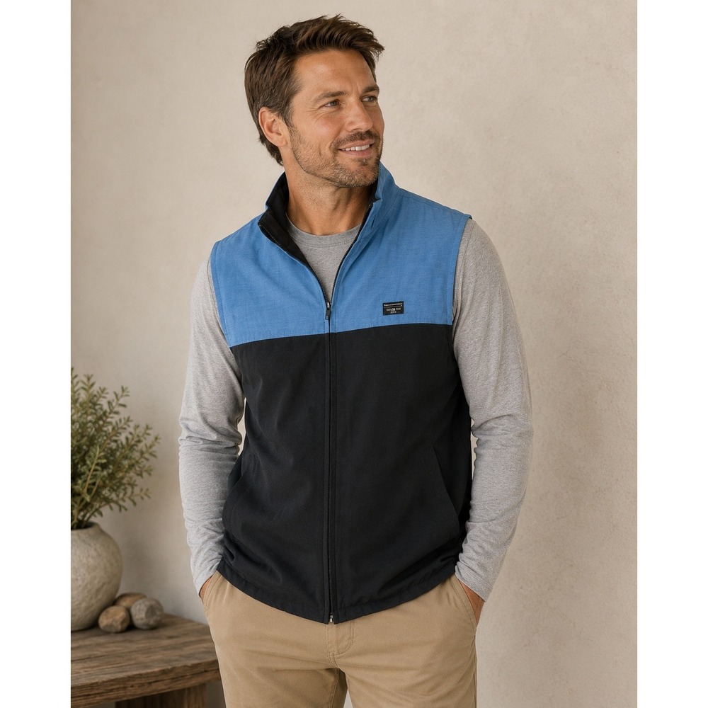 TravisMathew Mens Full Zip Golf Vest‎ Blue Black Colorblock Mock Neck Small